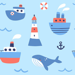 Sea ships on the waves pattern. Marine baby seamless print with steamship, whale and lighthouse.