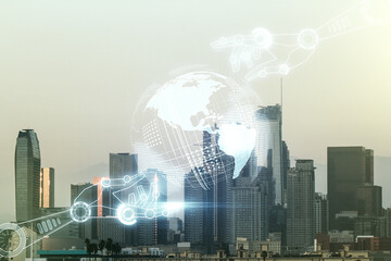 Double exposure of abstract virtual robotics technology with world map hologram on Los Angeles city skyscrapers background. Research and development software concept