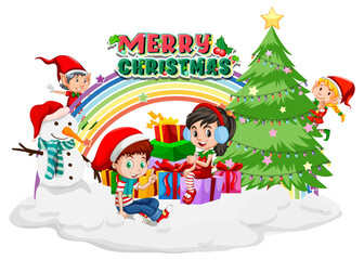 Merry Christmas with happy children and Christmas tree