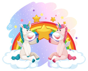 Two unicorns sitting on clouds with rainbow