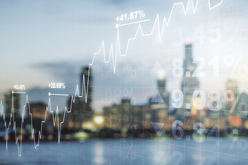 Multi exposure of virtual abstract financial diagram on blurry office buildings background, banking and accounting concept