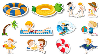 Set of summer beach items and children