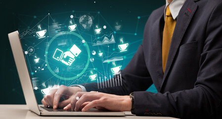 Business hand working on laptop, successful business concept