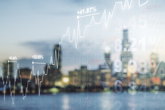 Multi exposure of virtual abstract financial diagram on blurry office buildings background, banking and accounting concept