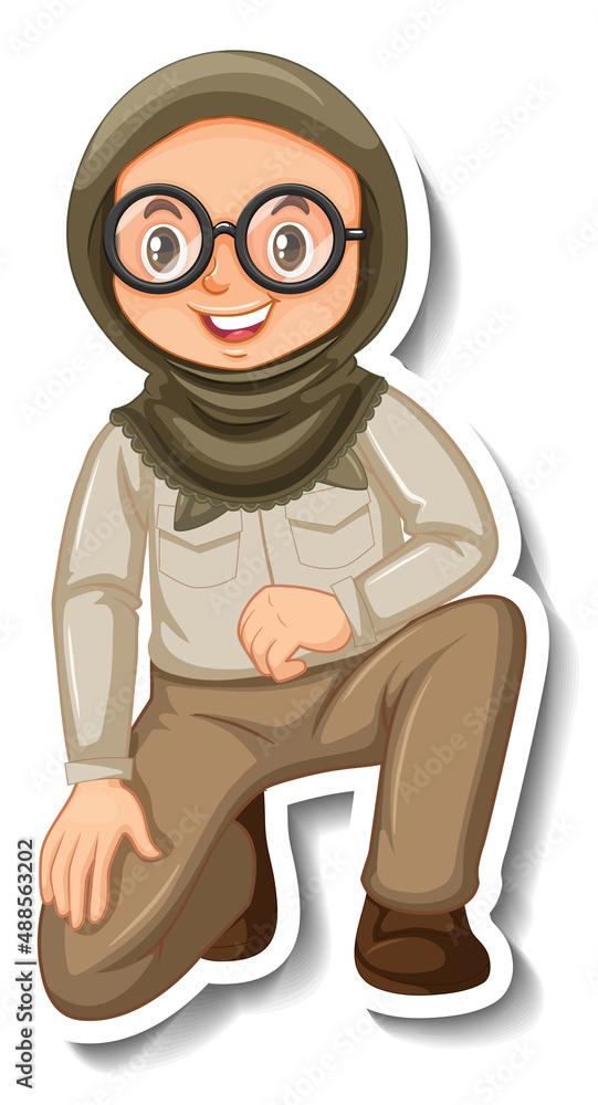 Sticker Muslim girl in safari outfit cartoon character sticker