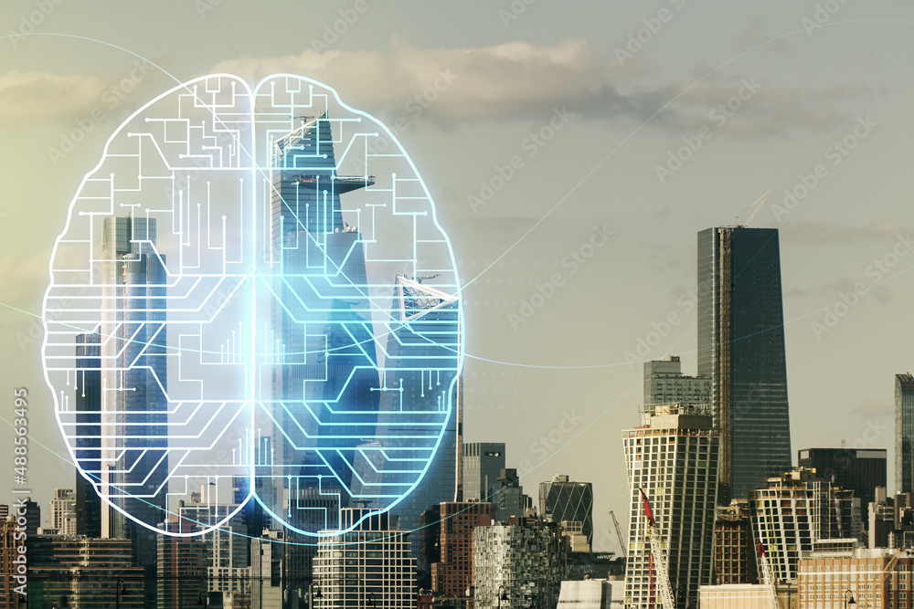 Aufkleber double exposure of creative artificial intelligence interface on new york city skyscrapers backgroun