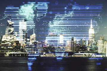Multi exposure of abstract creative digital world map hologram on New York city skyline background, tourism and traveling concept