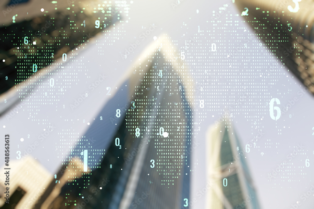 Aufkleber multi exposure of abstract software development hologram and world map on modern skyscrapers backgro