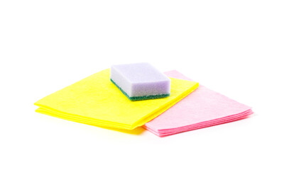 Dish washing sponge. Yellow and pink rags. Close up. Isolated on white background