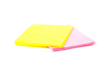 Yellow and pink rags. Close up. Isolated on white background