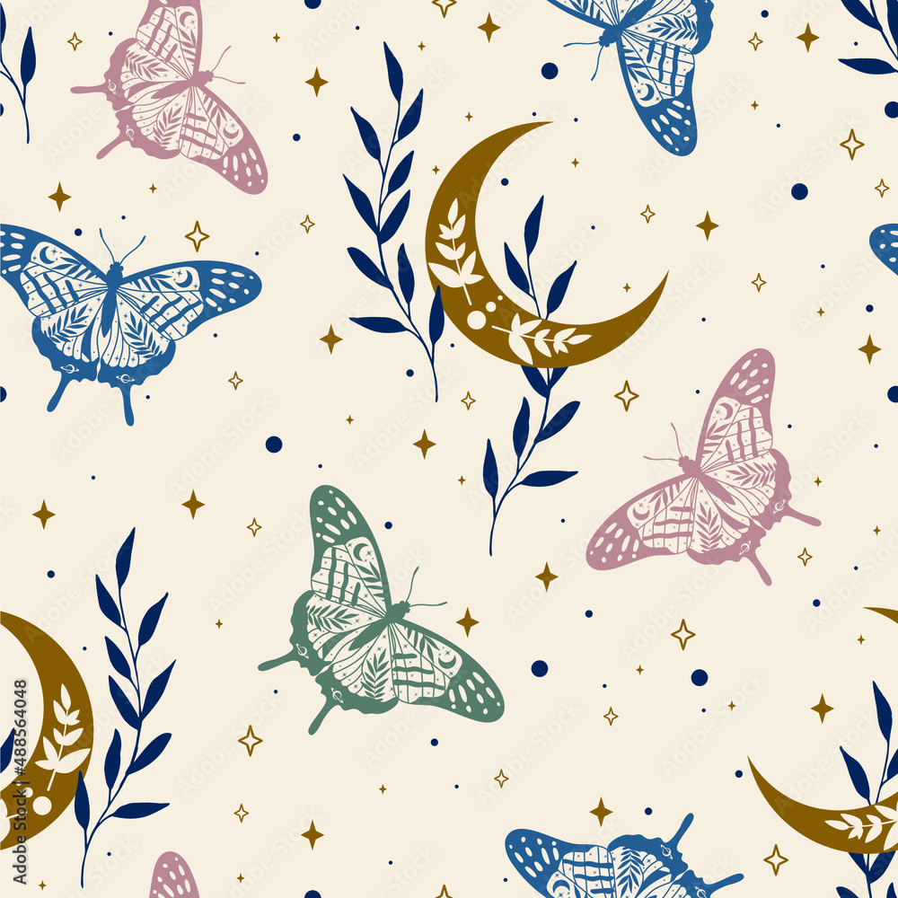 Wall mural elegant celestial seamless pattern with herbs. boho magic background with space elements stars, butt