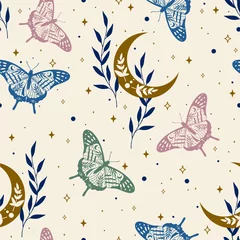 Foto op Canvas Elegant celestial seamless pattern with herbs. Boho magic background with space elements stars, butterflies. Vector doodle texture. © Любовь Овсянникова