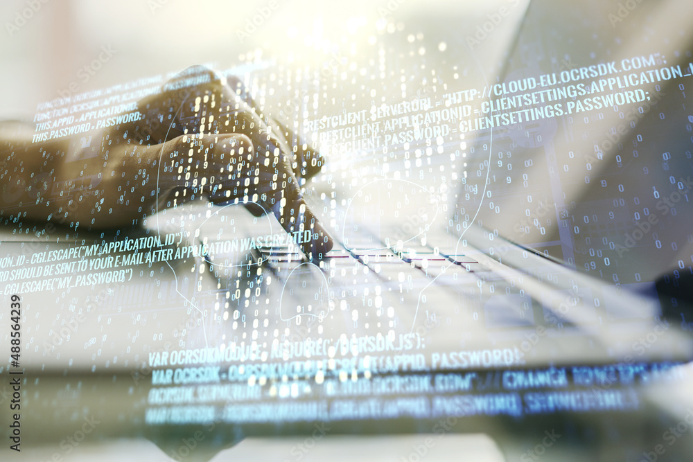 Poster creative code skull hologram and hands typing on computer keyboard on background, cybercrime and hac