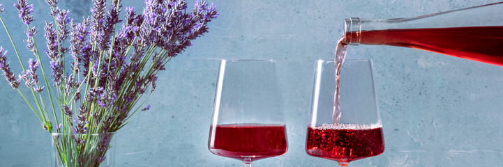 Rose wine pouring, a panorama with lavender flowers, a panoramic header for a Provence restaurant menu