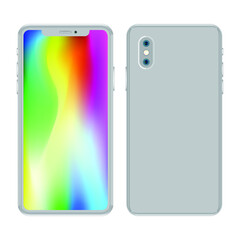 Gray mobile phone with camera and color screen, back cover on a white background. High quality realistic isolated vector illustration