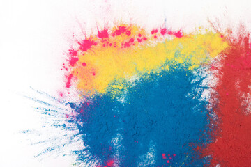 Freezing of colored powder explosions isolated on a white background