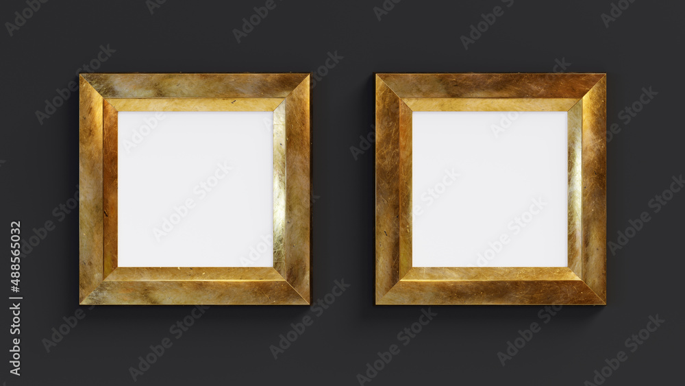 Poster two golden rectangle frames isolated on black background. 3d render. 3d illustration.