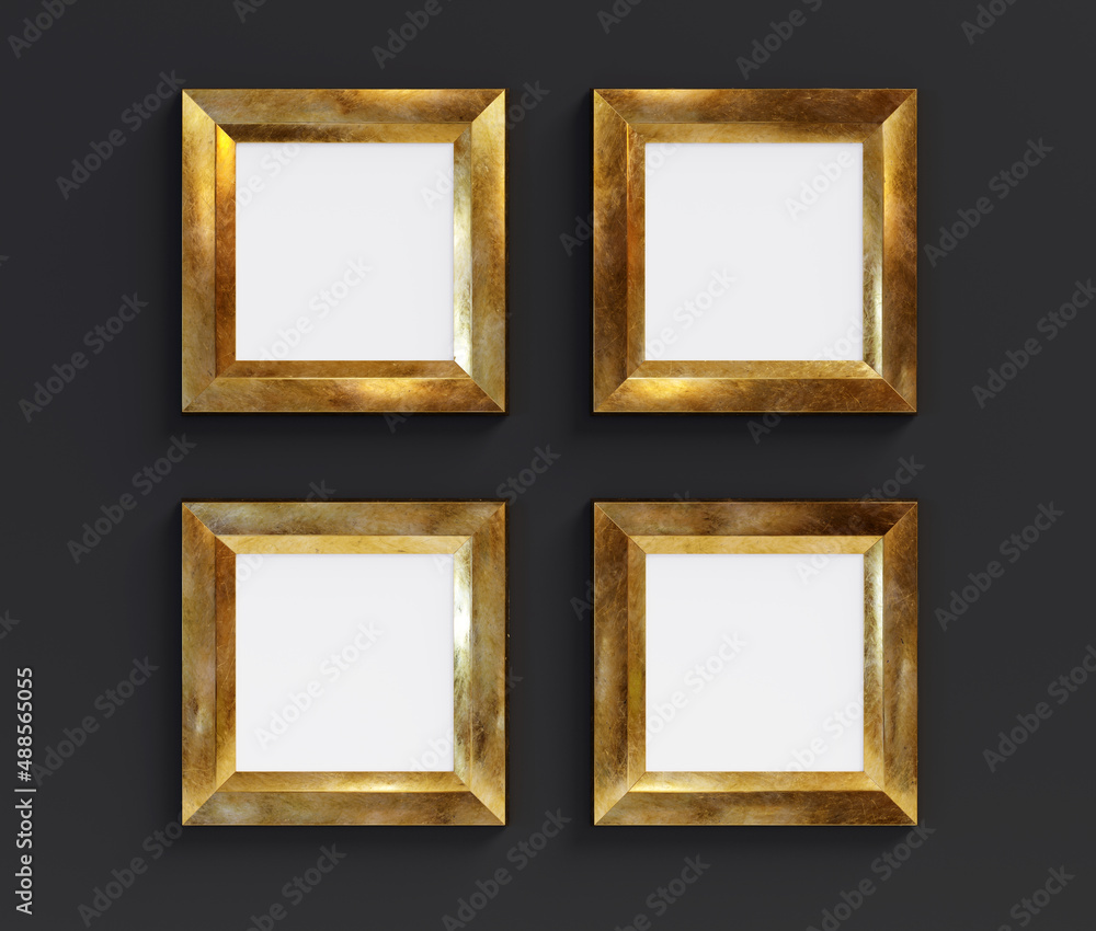 Poster four golden rectangle frames isolated on black background. 3d render. 3d illustration.