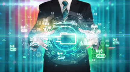 Businessman holding technology icon concept