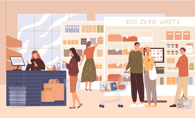 People in the supermarket buying groceries Vector illustration