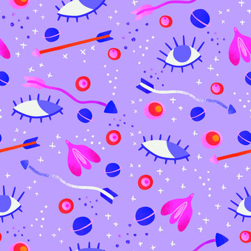 Feminist seamless pattern for Women's day with eyes, cosmos elements, arrows and clitoris, girly and cute vibes