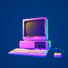 Desktop Retro PC in Pixel Art Style with a Blank Screen in Magenta, Yellow and Green Neon Lights. 3D Rendering Isolated on a Blue Background.