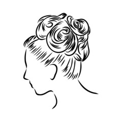 Woman with stylish classic bun with perfect eyebrow shaped and full. Illustration of business hairstyle with natural long hair.