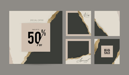 Instagram social media story post background. minimal abstract nude beige gold dark green ripped torn paper vector mockup. template for beauty, jewelry, wedding, Christmas