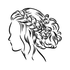 Woman with stylish classic bun with perfect eyebrow shaped and full. Illustration of business hairstyle with natural long hair.