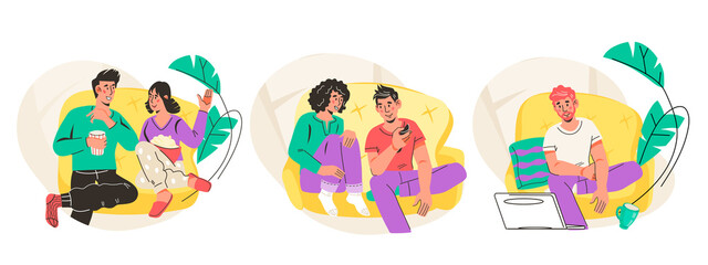 Obraz premium Groups of people watching tv together flat vector illustrations set isolated on white background. Couples and singles watching movie at home. Entertainment and leisure at home concept.