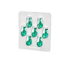 Aluminum blister with facial single-dose serum capsules isolated on white background with clipping path. Skin care and beauty products