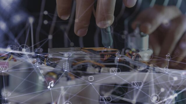 The concept of remote work of a mechanic. A man's hand works with a screwdriver with visualization of thoughts and workflow in the form of translucent schematic images