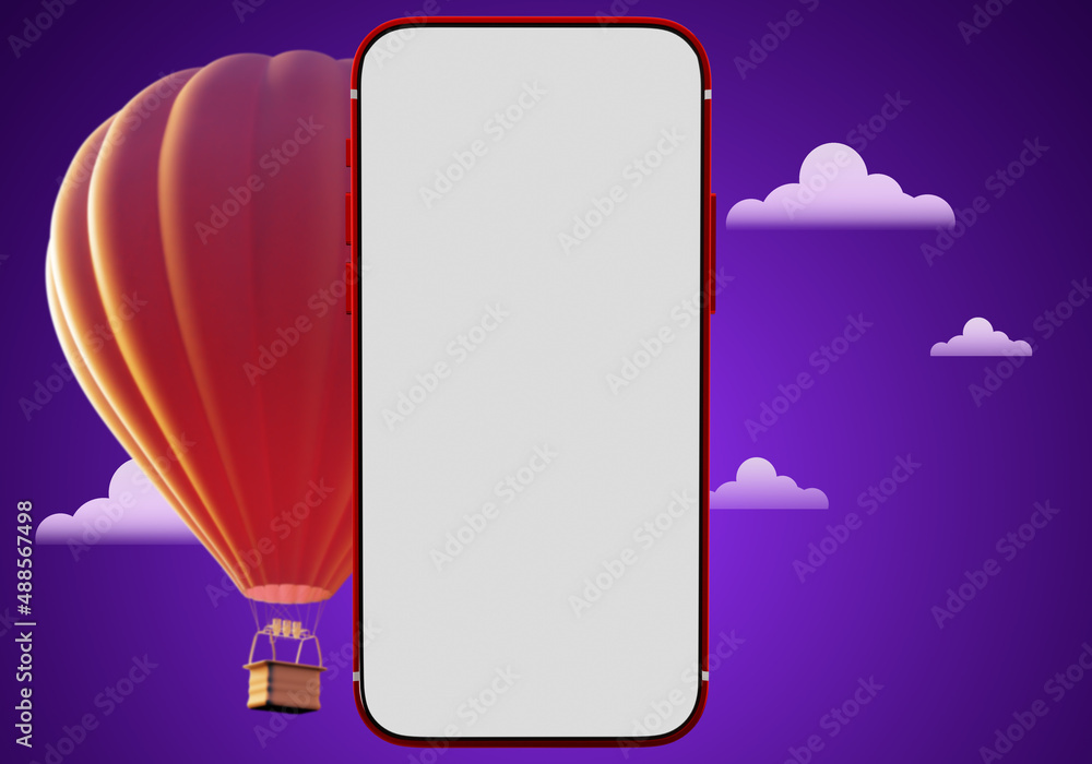 Aufkleber phone mockup. smartphone blank screen. mobile phone in front of balloon. purple cellphone mock up. r
