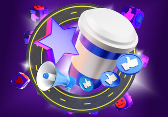 Digital marketing. Symbols of Digital Marketing On dark purple. Like icons and emoji as metaphor for online advertising. Star label next to cup of coffee. Mock up cup of coffee. 3d rendering.