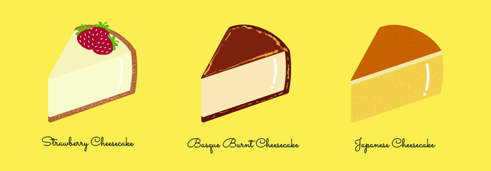 Strawberry cheesecake, Basque burnt cheesecake, Japanese cheesecake. Set of hand drawn vector of cheesecakes with white shinny  isolated on light yellow background