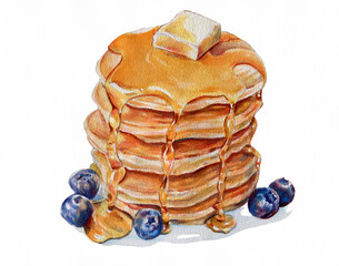 Pancakes sprinkled with honey and decorated with blueberries. Technique: watercolor + colored pencils. - obrazy, fototapety, plakaty