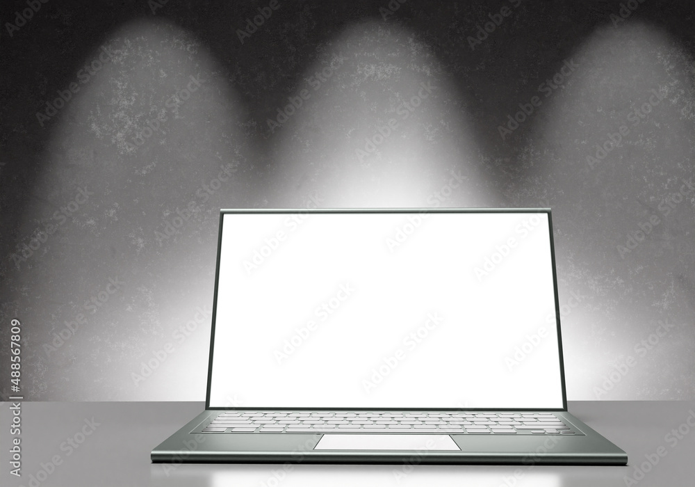 Aufkleber laptop mockup. laptop template with blank screen. visualization next to wall. portable computer on g