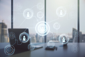 Social network media concept and modern desktop with pc on background. Double exposure