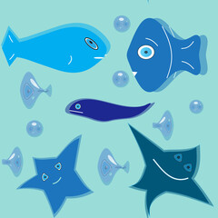 Seamless vector pattern with decorative predatory fish, starfish and jellyfish on a blue background. Cartoon fish and marine life swim in the water.