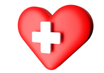 Obraz premium Medicine and healthcare. White cross as metaphor for medicine. White cross on heart. Health insurance concept. Icon for medical website. Template for graphic design isolated. 3d rendering.