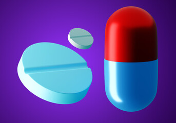 Tablets set. Pill vitamins of different types. Medicine capsules on purple. Concept of taking antibiotics. Use of antibiotics in human treatment. Pill as symbol of pharmacology. 3d rendering.