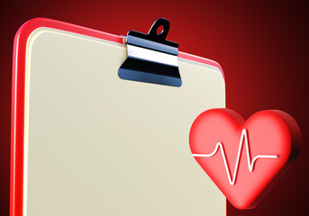 Medical mock up. Clipboard with empty sheet of paper. Heart near clipboard. Place for medical advice. Space for doctor suggestion. Clipboard mock up on red. Template for medical advertising. 3d image