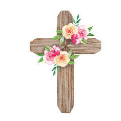 Watercolor easter cross with floral decoration