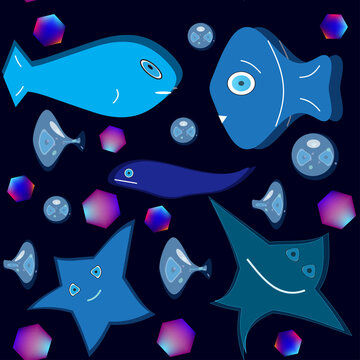 Seamless vector pattern with decorative predatory fish, starfish and jellyfish on a black background. Cartoon fish and marine life swim in the water among the gems.