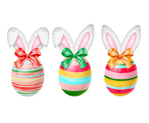 Watercolor Easter eggs and bunny ears. Easter bunny head  Isolated elements. Watercolor Easter rabbit.