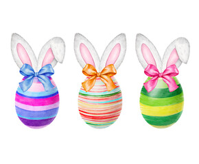 Watercolor Easter eggs and bunny ears. Easter bunny head  Isolated elements. Watercolor Easter rabbit.