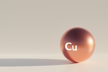 Metal shiny copper ball, electric car material. Copy space background 3d illustration