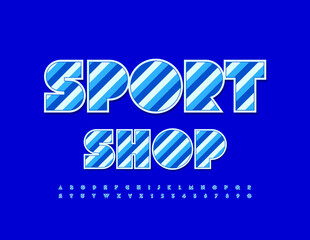 Vector modern sign Sport Shop. Blue striped Font. Line pattern Alphabet Letters and Numbers set