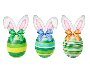 Watercolor Easter eggs and bunny ears. Easter bunny head  Isolated elements. Watercolor Easter rabbit.