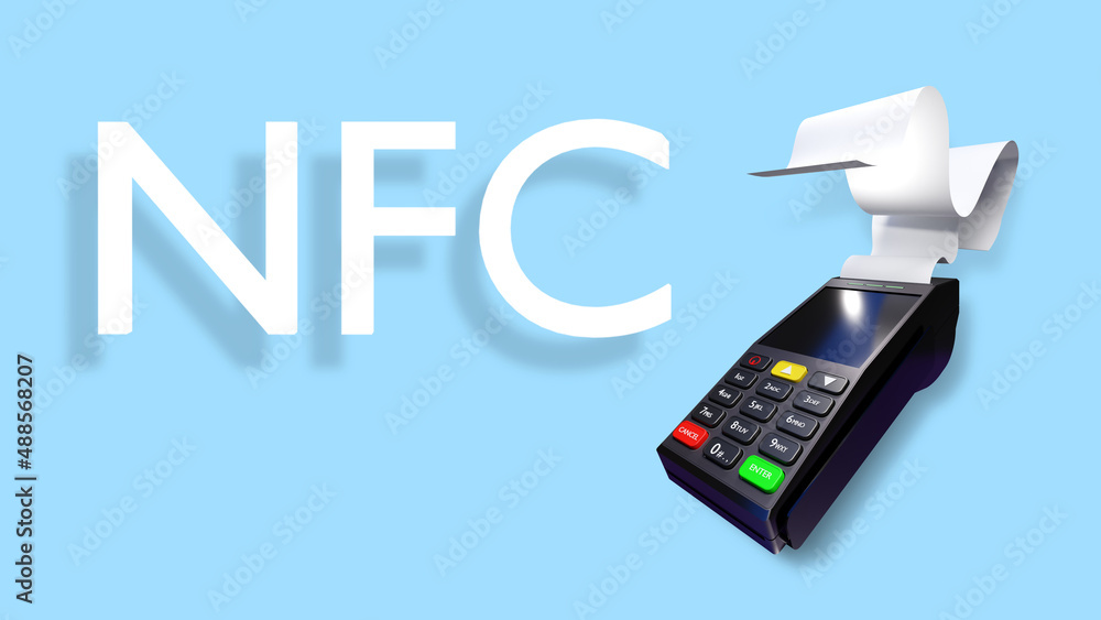 Poster nfc technology. nfc logo next to bank terminal. pos terminal on blue. nfc technology for receiving p